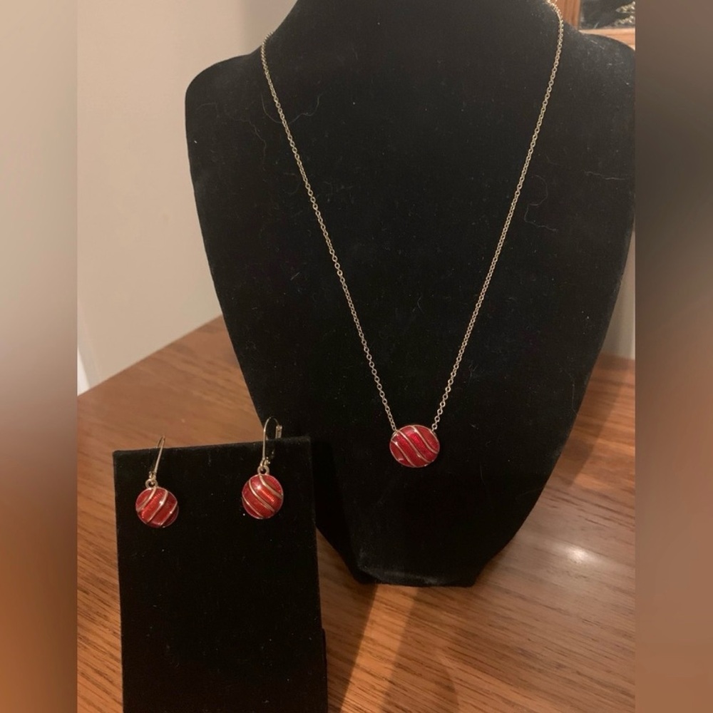 Vintage Minimalist NRT Avon Pendant Necklace And Earrings Set Ceramic Glaze Red
